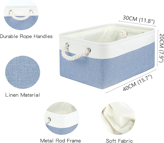 Storage Bins with Sturdy Cotton Handles(3 Pack), Fabric Storage Baskets for Organizing use for Office & Home, Book, Clothes, Toys, Closet Boxes (Large, Blue-White, 15.7x11.8x7.9 inches)