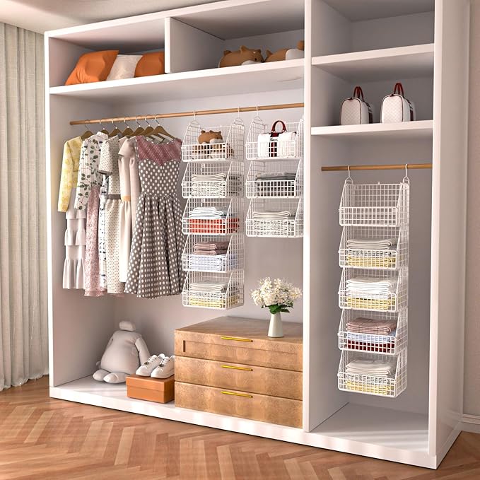 Hanging Closet Organizer and Storage, Clothes Hanging Shelves Wire Baskets for Clothing Sweaters Purse Handbags Shoes White 5 Tier
