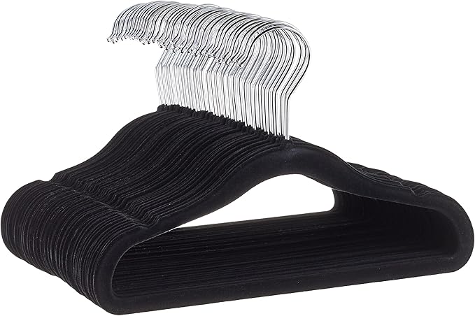 Amazon Basics Kids Velvet, Non-Slip Clothes Hangers for Infant and Toddler, 11.6 in (for baby clothes), Pack of 50, Black