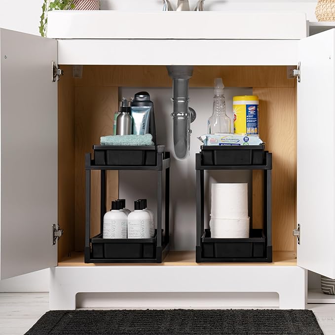 IRIS USA Under Sink Organizer, 2 Pack, Bathroom Organizers and Storage, Pull Out Under Cabinet Kitchen Shelf Pantry Under Counter, Cleaning Supplies, Vertical Spice Rack Slide Out Drawer, Easy Install