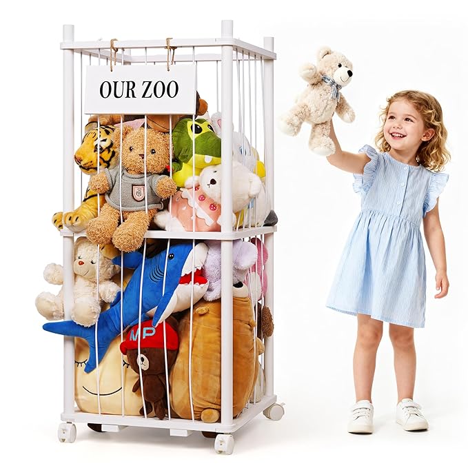 Stuffed Animal Storage Zoo, Wooden Stuffed Animal Organizer with Removable Wheels & 5-Row Elastic Cords, Space-Saving Plush Toy Storage Holder for Playroom, Bedroom, Nursery