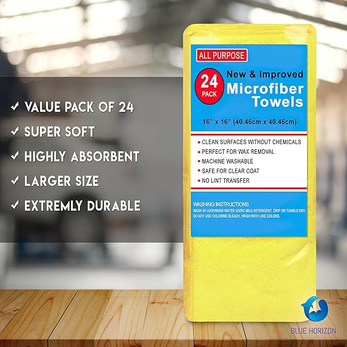 Blue Horizon Microfiber Cleaning Towels, Pack of 24, Ultra Soft Plush Washcloth, All Purpose Premium Microfiber Detailing Cleaning Cloths Reusable Shop Towels (16" x 16", Yellow)