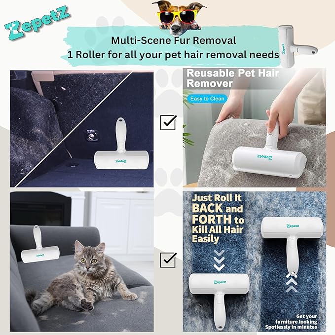 Pet Hair Remover Roller – Reusable Self-Cleaning Fur Removal Tool for Dogs & Cats – Ergonomic & Eco-Friendly Lint Roller for Couch, Carpet, Bed, Car Seat & More (White)