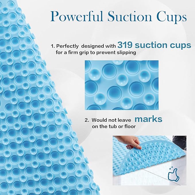 Joiyota Silicone Bathtub & Shower Mat Non Slip, Bubble Massage Anti Slip Shower Floor Mat with 27 x 15 Inches for Easy Storage, Machine Washable Bath Mat for Tub with All Ages, Blue, Oval
