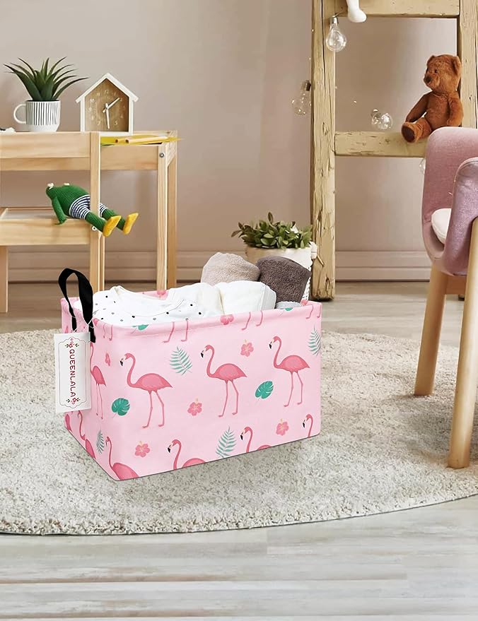 QUEENLALA Rectangular Laundry Hamper/Foldable Nursery Laundry Basket for Organizing/Storage Bin Baskets/Children Toy Office Bedroom/Toy Bin Closet Shelf Baskets（Rec-Pink Flamingo）