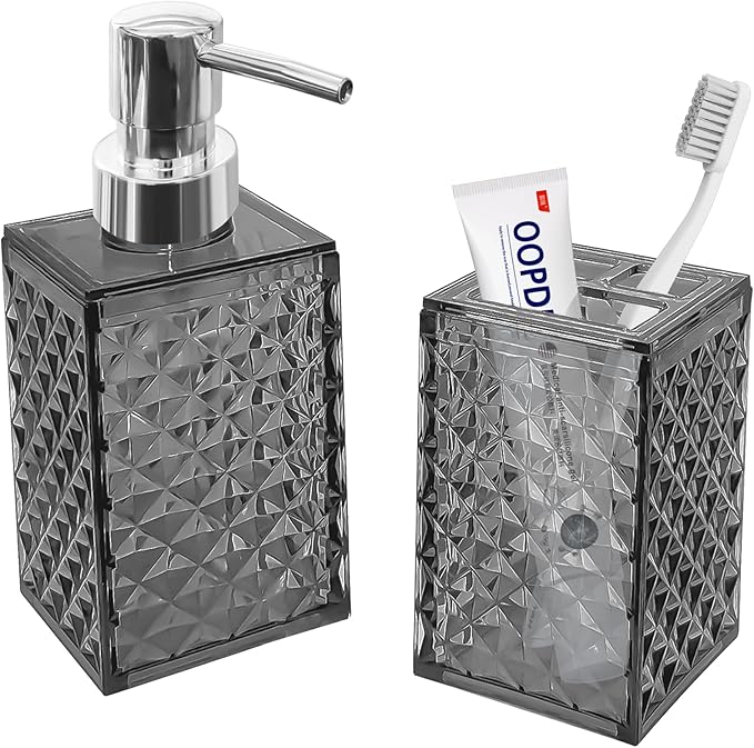 2PCS Dark Grey Bathroom Accessories. Contain Soap Dispenser and Toothbrush Holder Set. Boho Bathroom Set for Blue Bathroom Décor