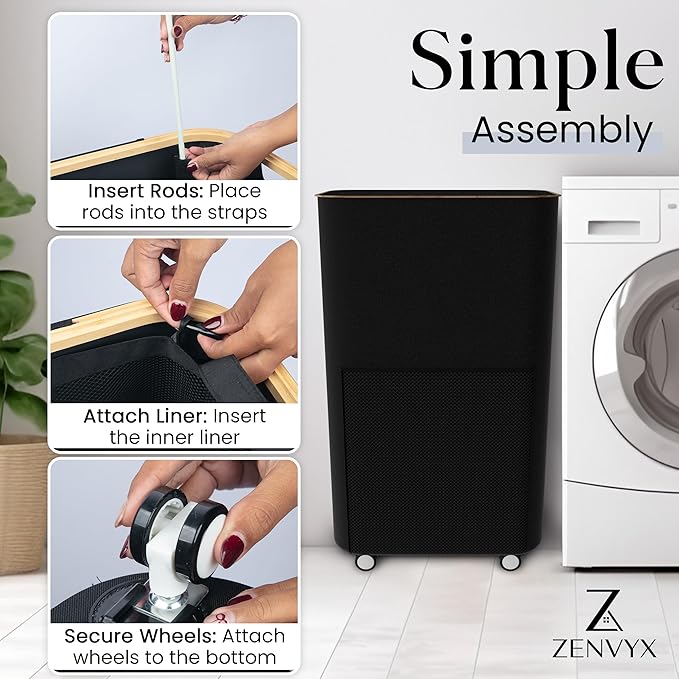 Laundry Basket with Wheels and Handle - 100L Bamboo-Fabric Laundry Hamper with Lid, Front Mesh Pocket, Travel Bag, Sturdy Wheels, Black
