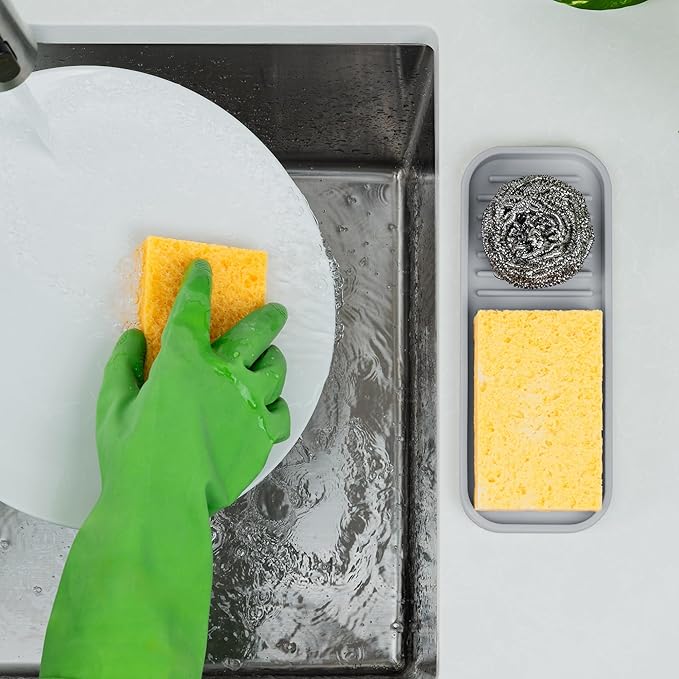 Zulay Kitchen (9x3.5in) Sponge Holder for Kitchen Sink - Flexible Heavy-Duty Multipurpose Sink Caddy - Counter Organizer for Kitchen, Bathroom, Makeup, Trinkets & More! (Grey)