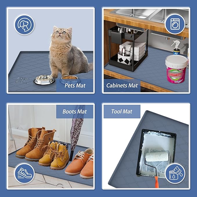 URMONA 37" x 22" Waterproof Silicone Mat in Multiple Sizes & Colors, Under Sink Mat for Kitchen & Bathroom, Pet Food Pad for Dogs & Cats, Kitchen Cabinet Liner, Multi-Purpose for Storage(Khaki)
