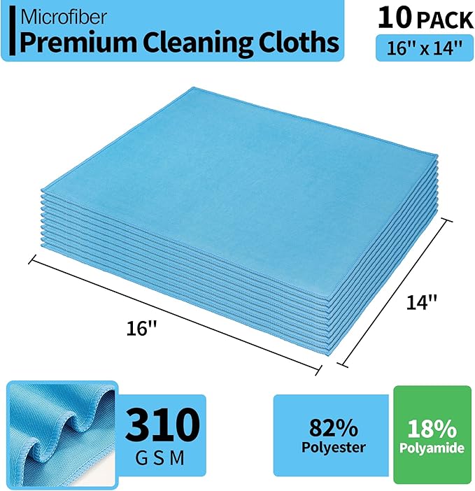 HOMERHYME Microfiber Glass Cleaning Cloth - 10 Pack Polishing Cloths, 16" x 14" Window Cleaning Towel, Streak Free, Lint Free, Great for All Delicate Surface, Glasses, Stainless Steel, Windshield.