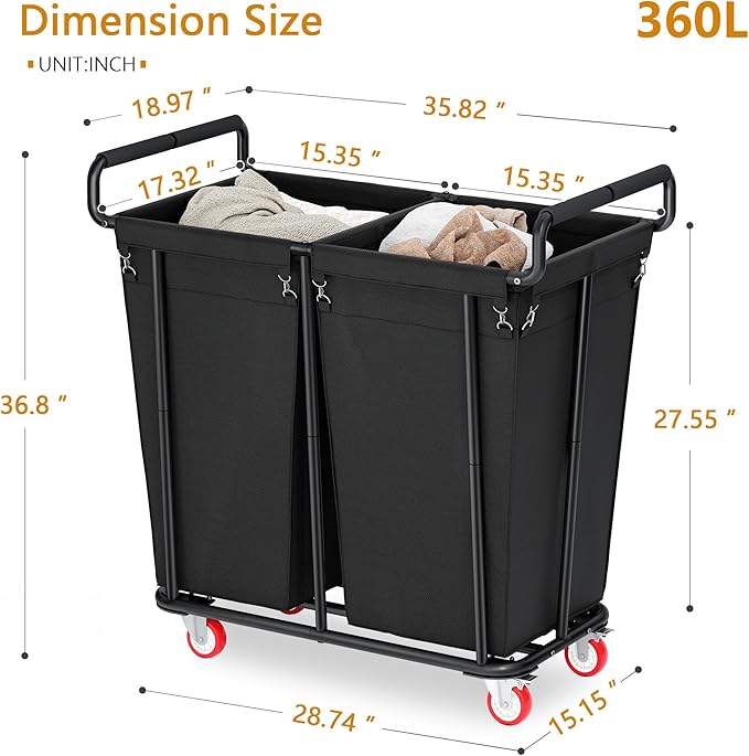 Large laundry hamper with Wheels, 2 Bag 360L Big Rolling Laundry Basket Sorter Cart, Extra Large Laundry Clothes Hamper, Heavy Duty Laundry Basket Organizer for Laundry Room,Bathroom