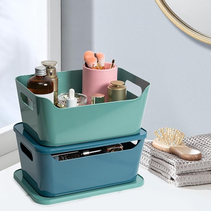 Tiawudi 12 Pack 4.5L Storage Bins with Lids, Plastic Storage Baskets for Home Classroom Organization, Multi-Use Organizer Bins for Cabinet, Pantry, Drawer, Countertop or Shelves, Colorful Containers