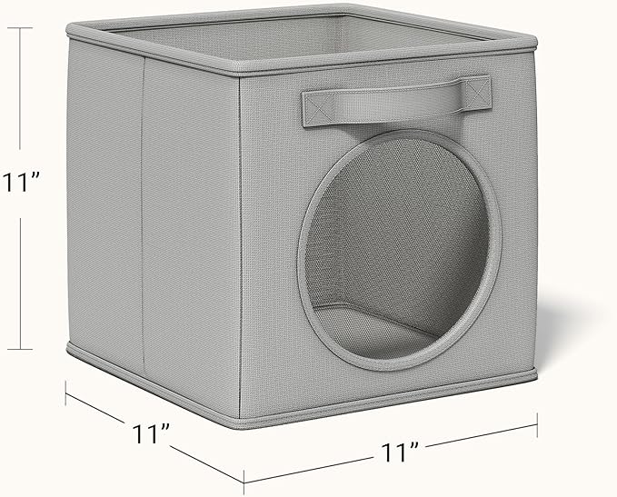Vailando Foldable Fabric Storage Cube with Round Window - 4 Pack 11"x11"x11" Collapsible Closet Organizer Bins for Clothes, Shelves, Offices, Laundry & Misc, Light Gray