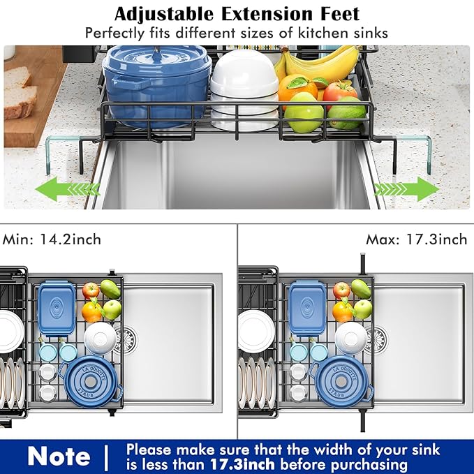 Storico Large Dish Drying Rack - Extendable Dish Rack, Dish Drainer for Kitchen Counter, Dish Drainer with Adjustable Support Legs & Utensil Holder, Black