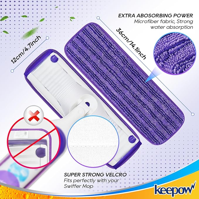 KEEPOW Reusable Power Mop Refill Pads for Swiffer Power Mop, Powermop Mopping Pad Refills for Wood Floor Cleaning, Machine Washable Microfiber Mop Pads for Wet and Dry Use, 4 Pack