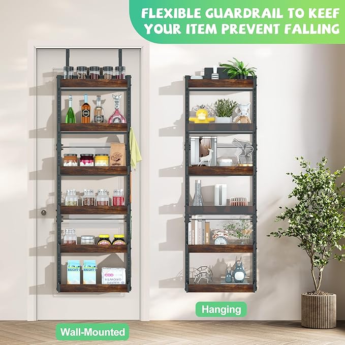 Jolitac Over The Door Pantry Organizer, 6-Tier Adjustable Solid Wood Rack Over-Door & Wall Storage Organizer with 8 Boards (2 Extra) Multi-Space Kitchen,Bathroom Reinforced Frame for Durable Use