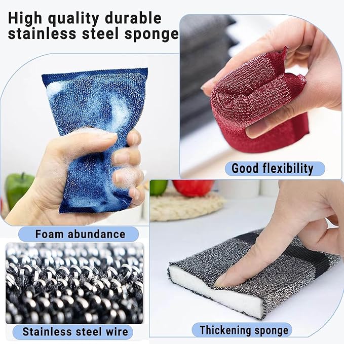 Steel Wool Scrub Sponges – Non-Scratch Microfiber Kitchen Scrubbers for Pots, Pans, and Household Cleaning – Heavy-Duty, Reusable Sponges (RED)