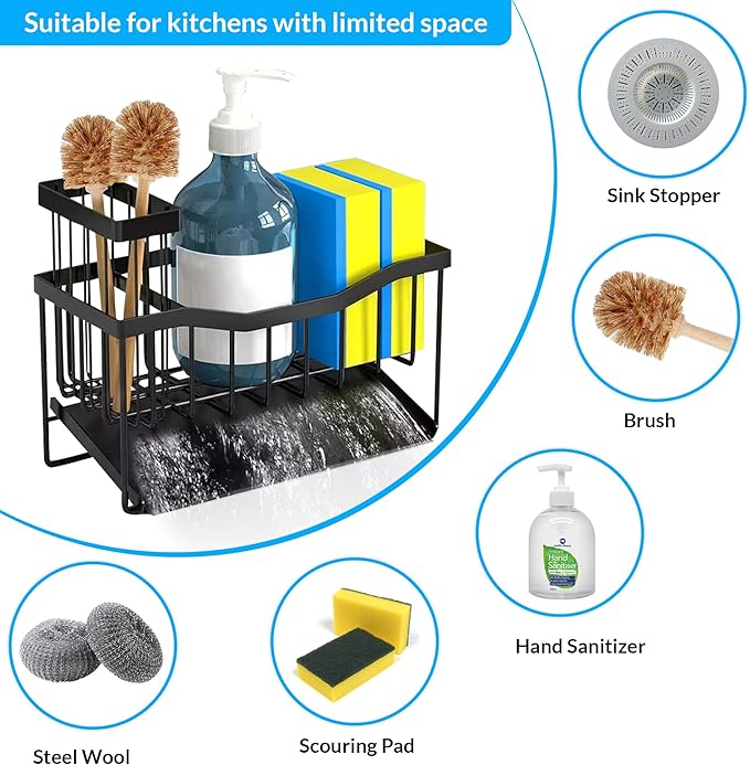 Rustproof Stainless Steel Sponge Holder for Kitchen Sink – small Sink Caddy Organizer with Rotating Drain Spout & High Brush Holder – No-Drip Kitchen Sink Organizer for Soap Dispenser.