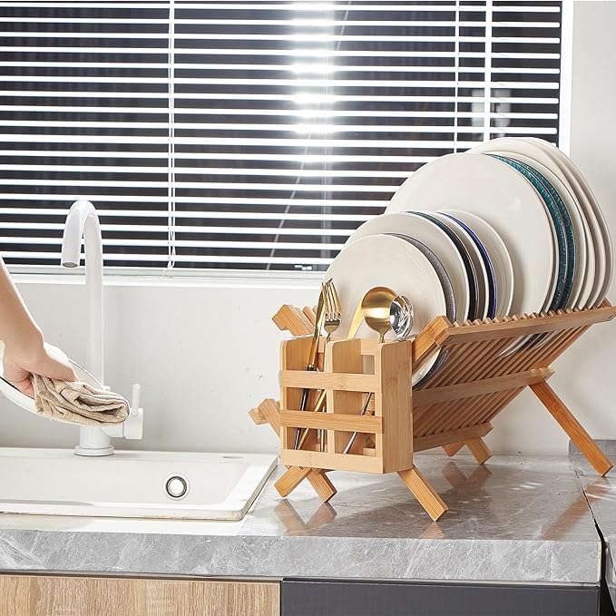 Bamboo Dish Drying Rack-2 Tier, Collapsible Small Dish Rack with Utensil Holder, Wooden Drying Rack for Kitchen Counter, Apartment Essentials Kitchen Plate Holder Organization 34 pcs Grid
