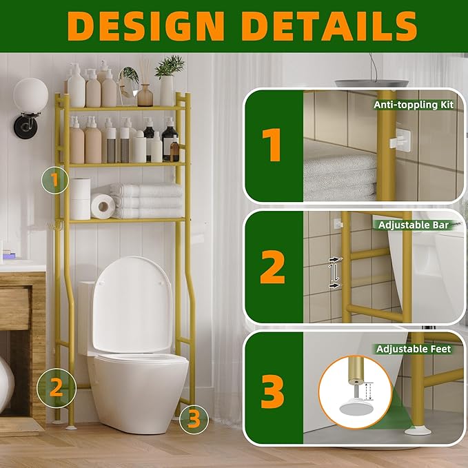 3-Tier Over The Toilet Storage, Space Saver Metal Bathroom Shelves, Freestanding Above Over Toilet Storage Shelf with 4 Hooks for Bathroom, Gold