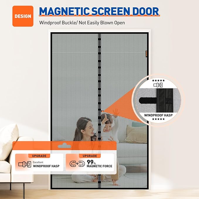 MAGZO Magnetic Screen Door Fit Door Size 48 x 80 Inch, Screen Size 50" x 81" Strong Magnet Mesh with Reinforced Hook & Loop for French, Sliding and Patio Entrances, Black