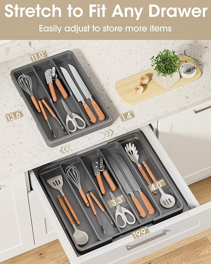 Aujen Silverware Organizer - Expandable Kitchen Drawer Organizer, Adjustable Utensil Organizer, Cutlery Tray for Forks, Knives, Multipurpose Kitchen Organizers and Storage Solution, Grey, X-Large