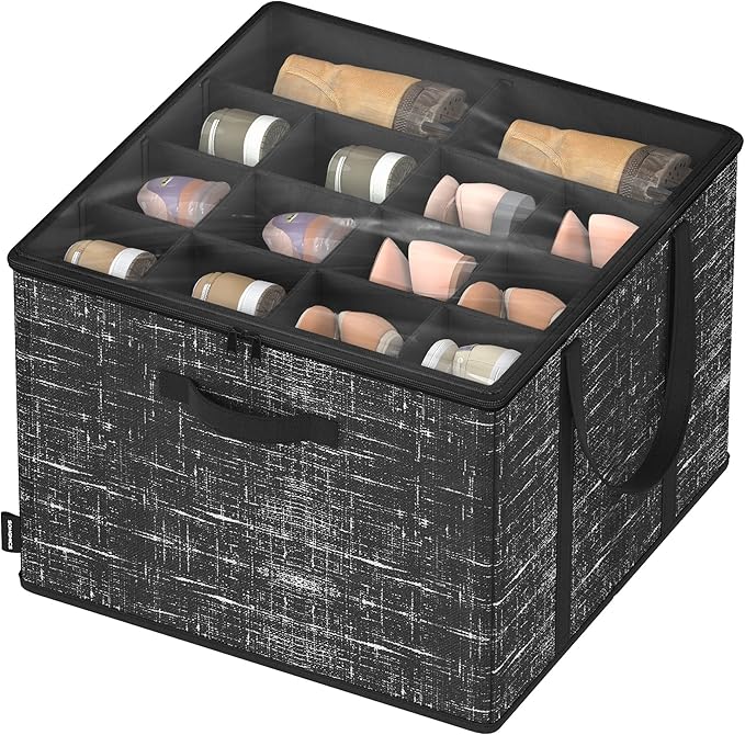 SONGMICS Shoe Organizer for Closet, Fits up to 16 Pairs, Shoe Boxes, Fabric Storage Cube with Handles and Transparent Lid, Space-Saving for Bedroom, Entryway, Ink Black ULSP601B01
