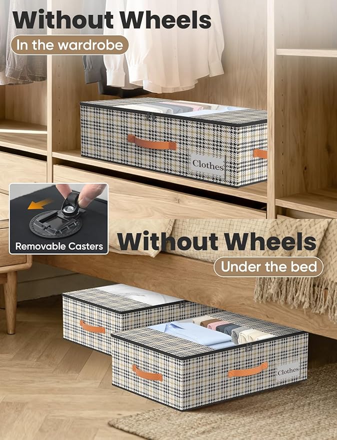 TOSKING 2-Pack Under Bed Storage with Wheels and 4 Vacuum Seal Bags, 7.9 Inch 47L Clear Lid Organizer, Space Saving for Bedding Blankets Clothes ShoesToys, Quick Assembly,Houndstooth