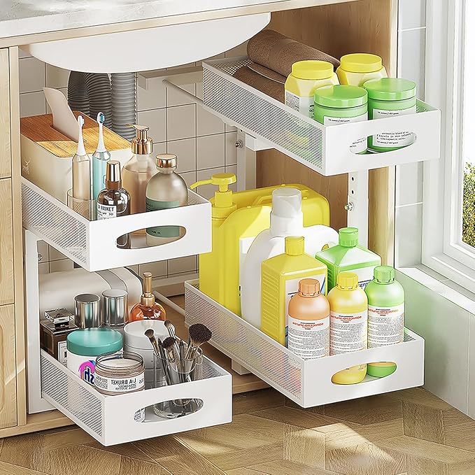 Under Sink Organizer 2 Tier, Pull Out Cabinet Storage with 5-Level Adjustable Height, Thickened Carbon Steel Sliding Under Cabinet Shelf for Kitchen, Bathroom, Laundry Room, White, 2-Pack