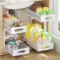 Under Sink Organizer 2 Tier, Pull Out Cabinet Storage with 5-Level Adjustable Height, Thickened Carbon Steel Sliding Under Cabinet Shelf for Kitchen, Bathroom, Laundry Room, White, 2-Pack