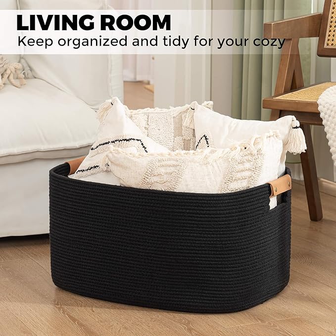 danpinera Large Woven Basket, 108 L Blanket Basket for Living Room, Nursery Bin for Toys Organizing & Laundry, Cotton Rope Hamper with Leather Handle, 25’’*16’’*16’’ Black