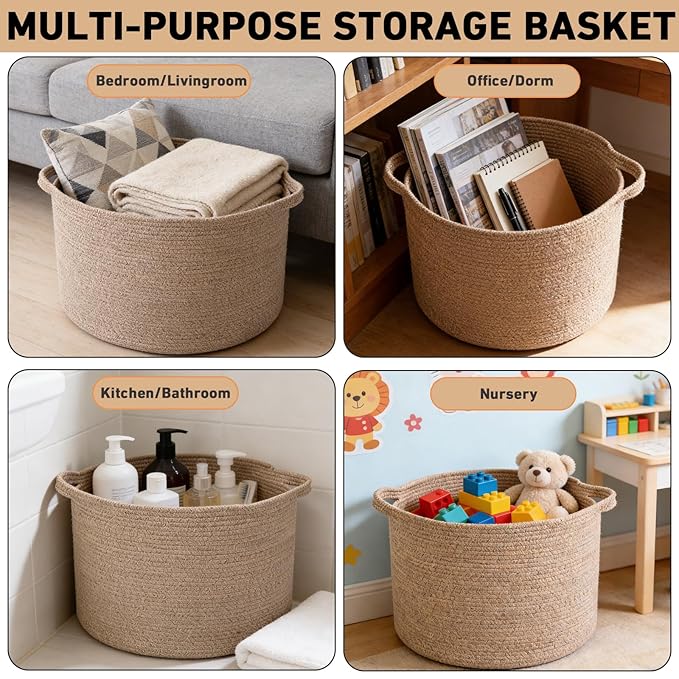 65L Large Blanket Basket,19.7" L x 19.7" W x 13" H Rope Woven Baskets with Handles, Toys Storage Bins,Laundry Basket Perfect for Living Room, Nursery,Bedroom,Home Organization,Brown