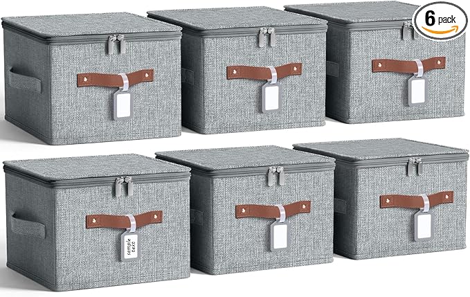 Fiwochic 6 Pack Fabric Storage Bins with Lids, 10x8x7Inch Foldable Cotton Linen Storage Boxes with PU Leather Handles and Label Holders for Closet, Bedroom, Shelf, Nursery, Gray