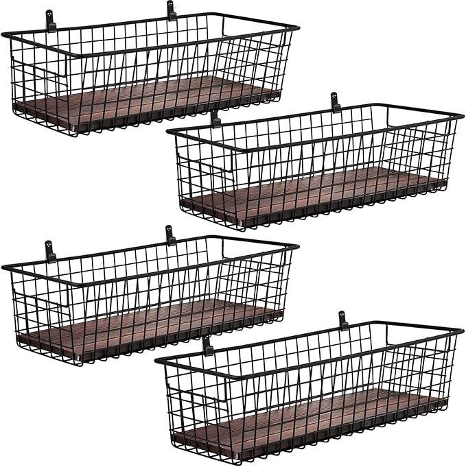 4 Set [Extra Large] Portable Metal Farmhouse Wall Decor Storage Organizer Basket Bin with Handles and Floating Shelves for Hanging in Entryway,Bathroom,Kitchen-Wall Mount Hooks Included (4, Black)