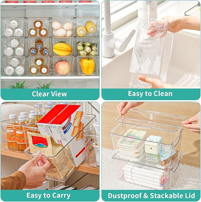 6 Pack Clear Storage Bins with Lids, Small Acrylic Arts and Craft Storage Containers, Stackable Clear Plastic Craft Storage Bins with Handles for Pantry Organizers and Storage, Kitchen, Fridge, Office