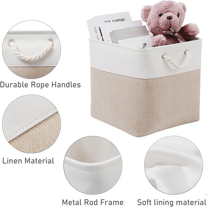 13 x 13 Inch Cube Storage Bins, 6 Pack Extra Large Collapsible Fabric Storage Bin with Ropes, Foldable Storage Cubes for Home (White & Beige-13"x13"x13")