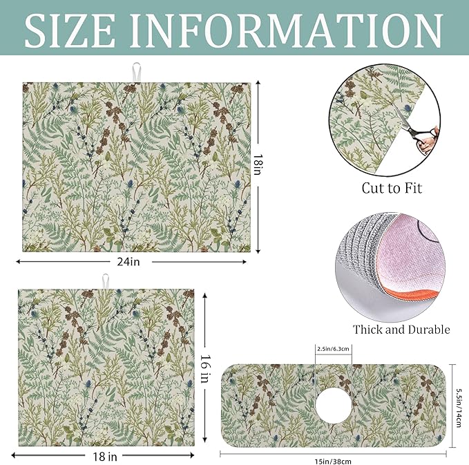 3Pcs Green Plant Dish Drying Mat & Kitchen Sink Splash Guard Faucet Mat For Kitchen Counter Absorbent Microfiber Dishes Pad Dish Drainer Rack Mats Fast Dry Kitchen Accessories