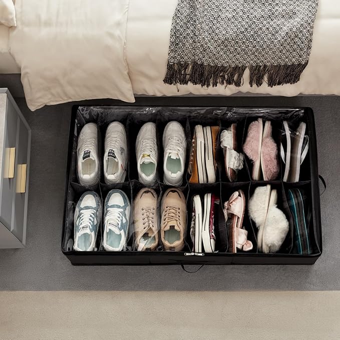 Lifewit Under Bed Shoe Storage Organizer 4 Pack(2x16 Pairs+2x4 Pairs), 4.3" Tall Fabric Shoes Container Box, Foldable Closet Shoe Bag with 2 Reinforced Handles and Clear Cover, Black