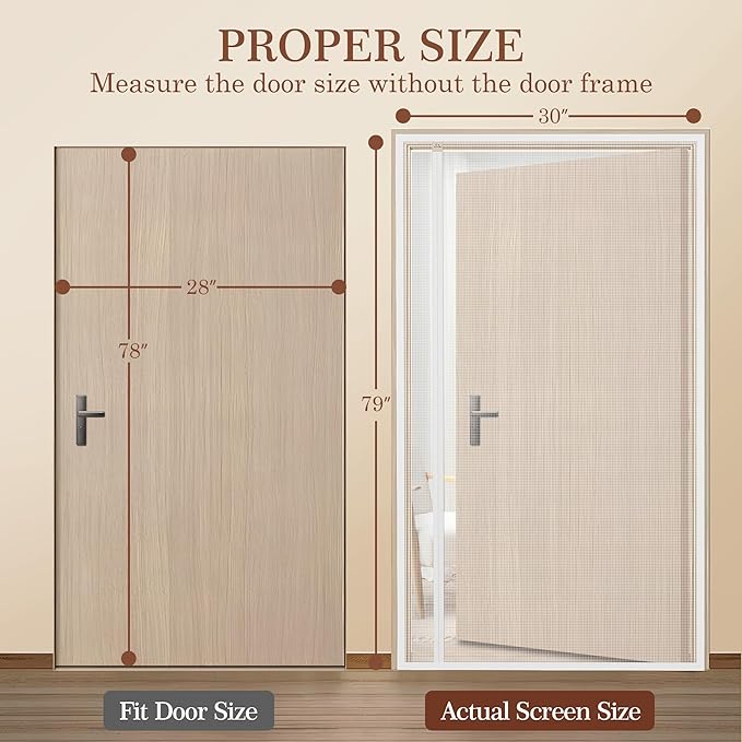 Yotache White Reversible Side Opening Magnetic Screen Door Fits Door Size 28 x 78, Unobstructed View Upgraded Polyester Mesh for Back Door, Actual Screen Size 30" x 79"