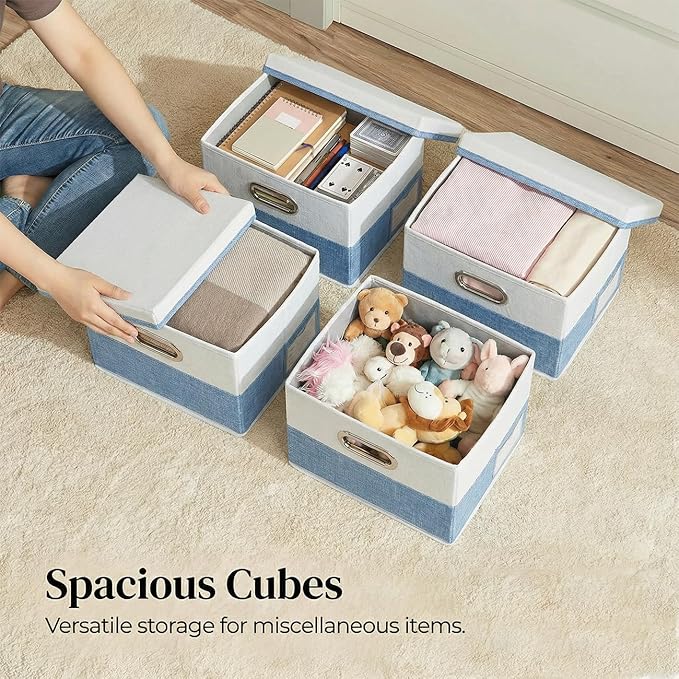 PRANDOM Storage Bins with Lids [3-Pack] Linen Fabric Foldable Storage Boxes Organizer Containers Baskets Cube with Cover for Bedroom Closet Office Blue&White（11.4X8.6X6.7