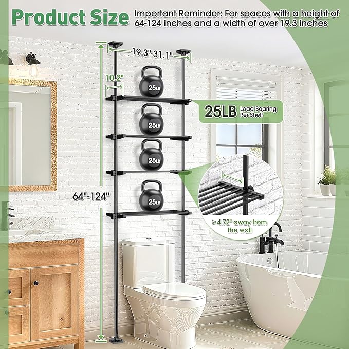 Over The Toilet Storage Shelf, 4-Tier Adjustable Over Toilet Bathroom Organizer,Tension-Mounted Bathroom Storage Rack for Ceilings, No Drill Space-Saving Shelving for Small Rooms,Black