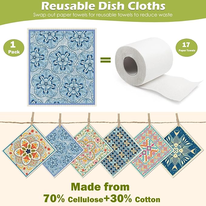 6 Packs Swedish Paper Cloths for Kitchen, Reusable Paper Towels Washable Dish Rags, Highly Absorbent Kitchen Towels Quick Drying Swedish Sponge Cleaning Dish Cloths (Fish Ornamentation)