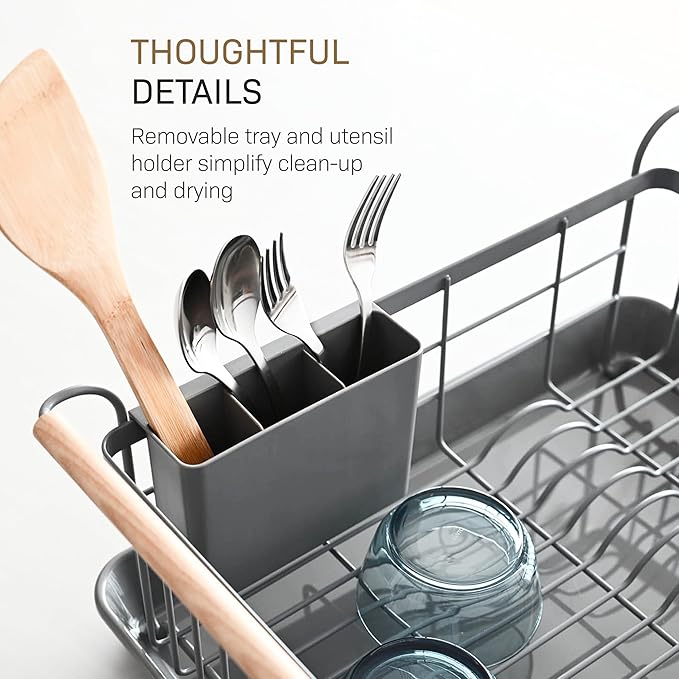 Yamazaki Home Sink Removeable Drainer Tray, Kitchen Drying Organizer Holder, One Size, White Steel + Wood | Dish Rack, Gray