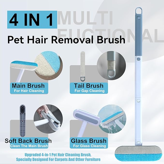 Pet Hair Remover Set – Removes Pet Fur from Carpets, Furniture & Car Seats For Cat & Dog, includes a 4-in-1 Hair Removal Brush (Extended Handle) & a Cartoon Magic Electrostatic Hair Removal Glove.