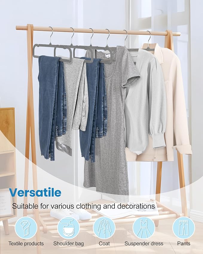 Velvet Hangers Non Slip - 20 Pack Pants Hangers for Closet - Thin Space Saving Clothes Hanger - Strong, Durable, Jean Perchas with 360 Degree Rotatable Hook for Tank Top (Grey Silver Hook)