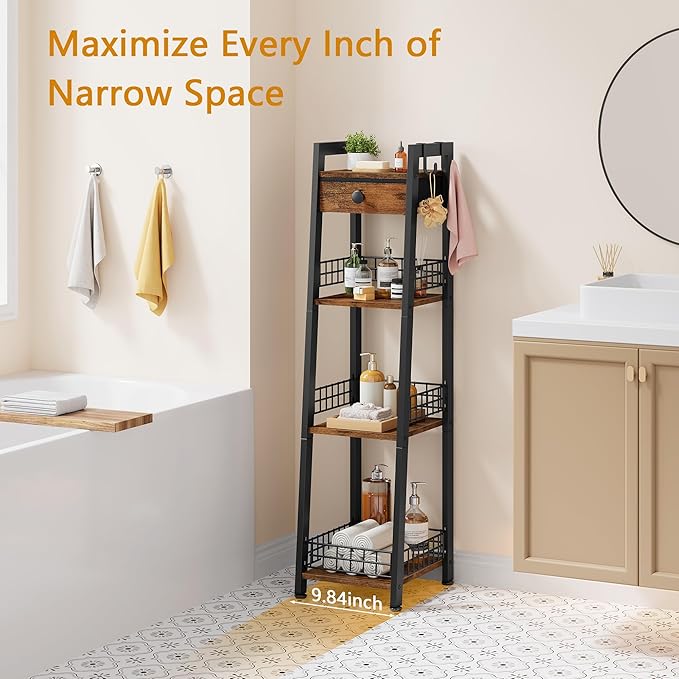 4-Tier Narrow Ladder Shelf with Drawer, Bathroom Table Stand for Small Space, Narrow Bathroom Standing Shelves with Storage for Living Room Bedroom Kitchen, Organizer Shelf, Rustic Brown