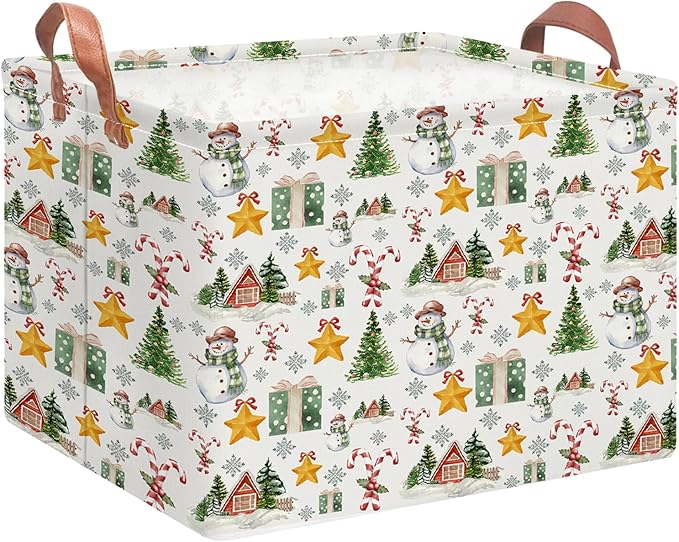 Rectangular Storage Basket Empty,Storage Bin with Handles,Room Decor,Gift Basket,Book Box(Watercolor Christmas)