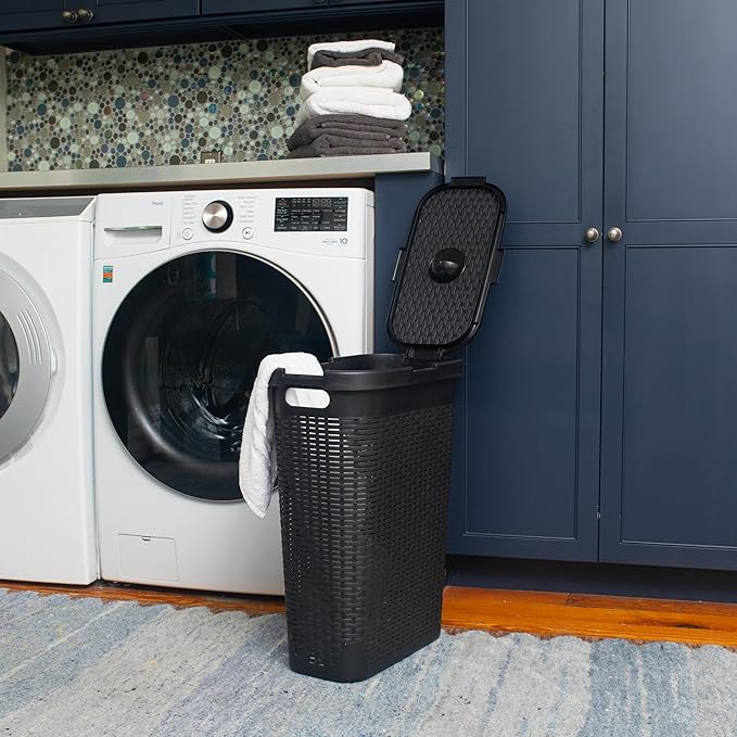 Mind Reader Slim Laundry Hamper with Lid, 40L Clothes Basket, Premium Wicker Design, Plastic, Black