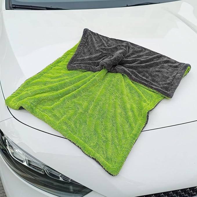 1200GSM Microfiber Car Drying Towel, Double-Twist Loop, Ultra-Absorbent, Quick-Dry, Lint- & Streak-Free, Scratch-Safe, for Car Wash & Detailing (1 Pack) (Dark Grey & Green, 16" x 24")