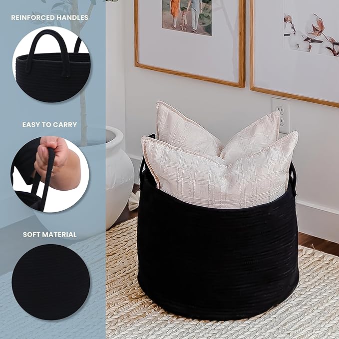 OrganiHaus Large Woven Storage Basket for Blankets and Toys 20" x 13" Inch, Rope Laundry Basket with Handles, Cushions & Pillows Storage Bin, Nursery Hamper, Soft Round Dog Toy Bin - Black